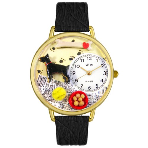 Whimsical Watches Unisex Armbanduhr Doberman Pinscher Black Skin Leather And Goldtone Watch G0130035 Analog Leder mehrfarbig G 0130035