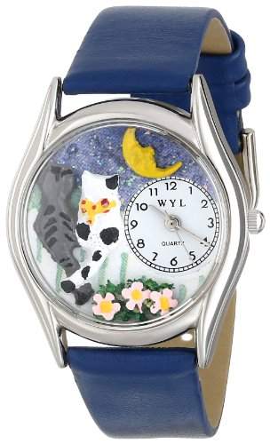 Drollige Uhren Katzen Night Out Royal Blau Leder Silvertone Unisex Quartz-Uhr mit weissem Zifferblatt Analog-Anzeige und S-0120012 Mehrfarbige Lederband