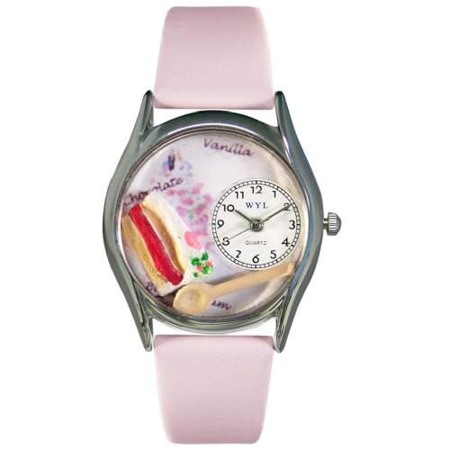 Drollige Uhren Gebaeck Rosa Leder Silvertone Unisex Quartz-Uhr mit weissem Zifferblatt Analog-Anzeige und S-0310009 Mehrfarbige Lederband