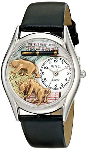 Drollige Uhren Boersenmakler schwarz Leder Silvertone Unisex Quartz-Uhr mit weissem Zifferblatt Analog-Anzeige und S-0620015 Mehrfarbige Lederband