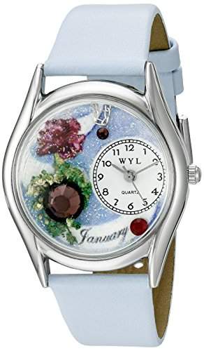 Drollige Uhren: Geburtsstein Januar, Baby Blau Leder Silvertone Unisex Quartz-Uhr mit weissem Zifferblatt Analog-Anzeige und S-0910001 Mehrfarbige Lederband