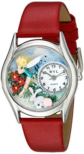 Drollige Uhren Fairy Garden Rot Leder Silvertone Unisex Quartz-Uhr mit weissem Zifferblatt Analog-Anzeige und S-1211004 Mehrfarbige Lederband
