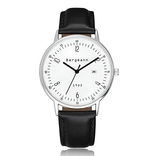 Bergmann 6 mm extra duenn Uhren fuer Maenner grosse Fall Schwarz Leder weiss Zifferblatt Vintage Armbanduhr Datum 1933