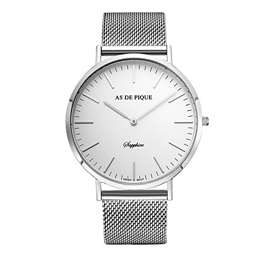 AS DE PIQUE Classic Luxus Armbanduhr Schweizer Uhrwerk Saphirglas Edelstahl silber mesh