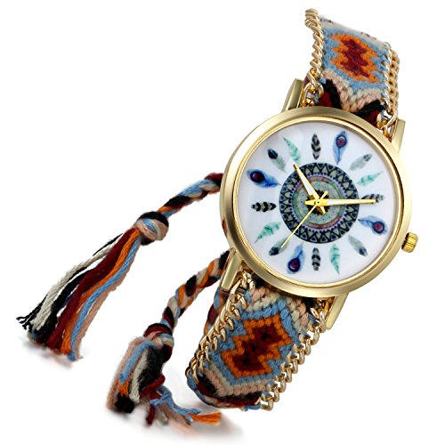 lancardo indischen Vintage Verstellbarer gewebter Schulterriemen Armband Armbanduhr Adler Wappen Feder Gold Ton Zifferblatt B