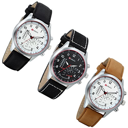 Lancardo 3PCS Herren Quarz Uhr Armbanduhr Einzeigeruhr Leder Armband 24H Digital Zifferblatt Temperaturanzeige Weiss Schwarz Braun