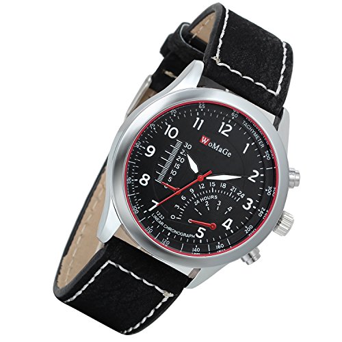Lancardo 2PCS Herren Quarz Uhr Armbanduhr Einzeigeruhr Leder Armband 24H Digital Zifferblatt Temperaturanzeige Schwarz