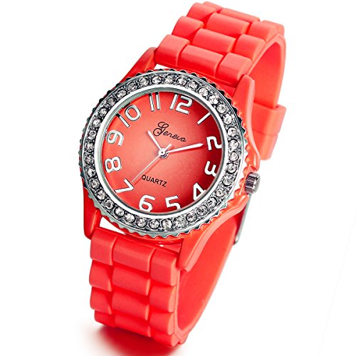 lancardo Beliebte Silikon Quarz Unisex Rot Strass Armbanduhr Jelly Watch mit Geschenk Tuete