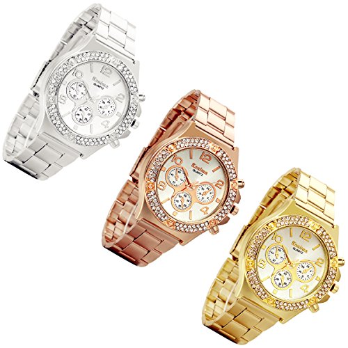 lancardo Luxus Bling doppelt Daul Strass Luenette Silber Ton Armbanduhr 3St