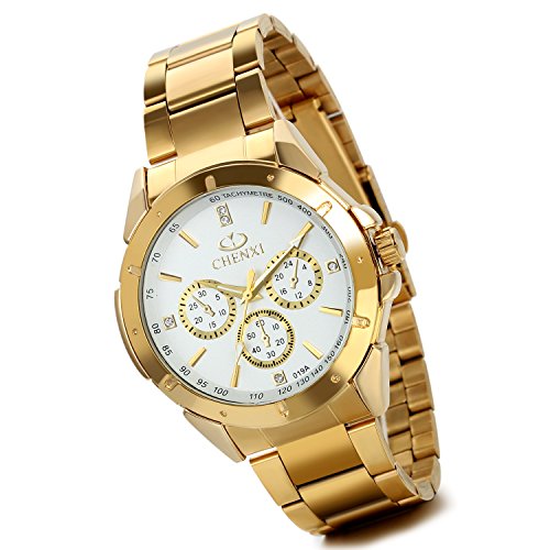 lancardo Herren s Luxus Pure Bright Gold Ton Edelstahl Armbanduhr mit 3 sub dial weisses Zifferblatt