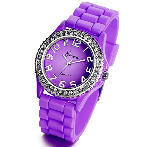 lancardo Fashion Damen violett platnium Ton gross rund Face Strass Silikon Armbanduhr mit Geschenk Tuete