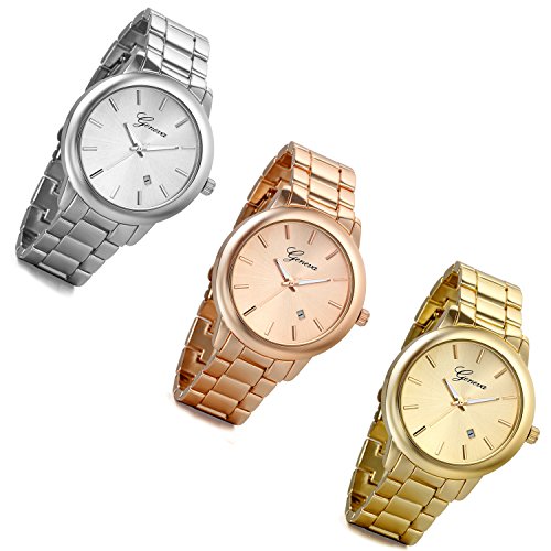 lancardo Herren Luxus Gold Helles Silber Ton Edelstahl Armbanduhr mit Kalender Pack von 3