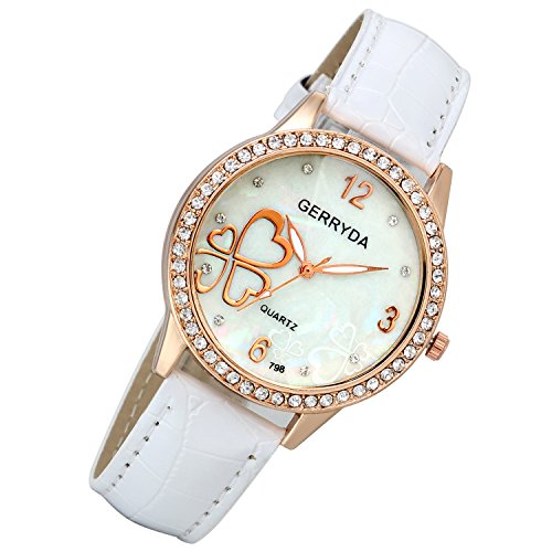 Lancardo Damen Analog Quarz Fashion Elegant Leder Armband Uhr mit Strass Herz Kleeblatt Zifferblatt Weiss