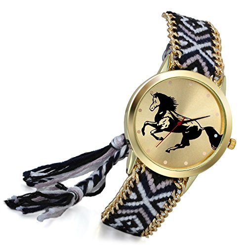 lancardo Thailand Vintage Verstellbarer gewebter Schulterriemen Armband Uhr mit Pferd gold Ton Teller Zifferblatt C 2