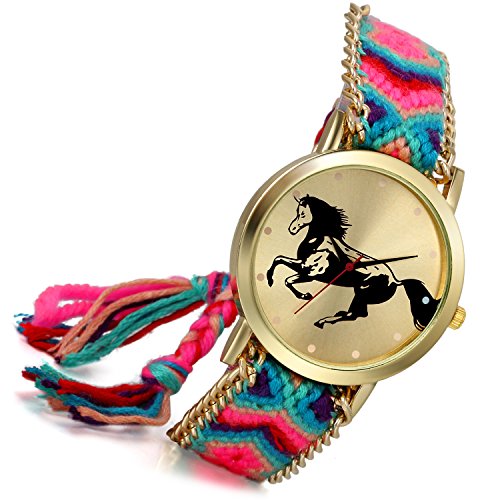 lancardo Thailand Vintage Verstellbarer gewebter Schulterriemen Armband Uhr mit Pferd gold Ton Teller Zifferblatt A 2