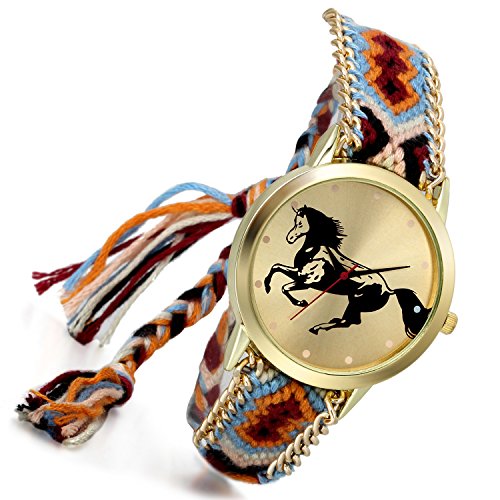 lancardo Thailand Vintage Verstellbarer gewebter Schulterriemen Armband Uhr mit Pferd gold Ton Teller Zifferblatt B