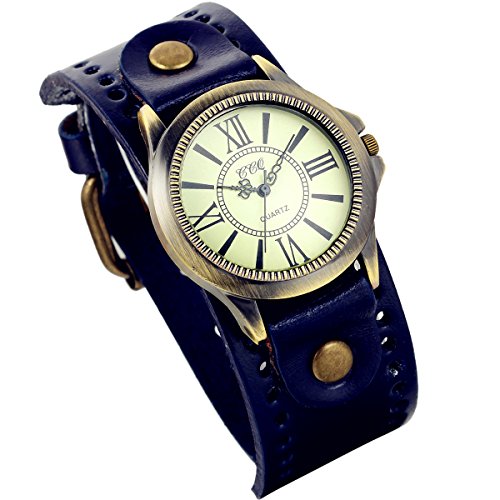 lancardo Vintage Leder Armband Uhr mit Messing Antik Bronze Ton Luenette blau 2