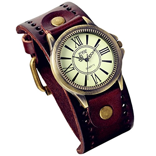 lancardo Vintage Leder Armband Uhr mit Messing Antik Bronze Ton Luenette braun 2