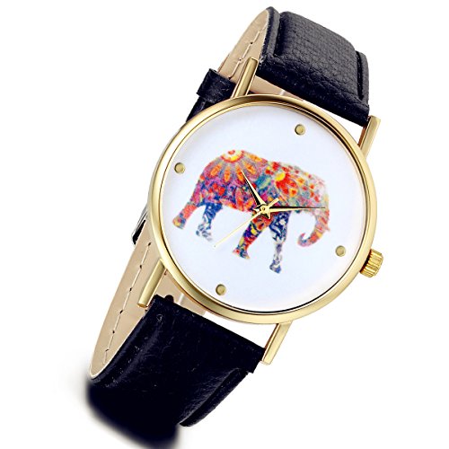 lancardo Retro weiblich Elefant Druck Muster eingewoben Leder Quarz Zifferblatt Armbanduhr schwarz