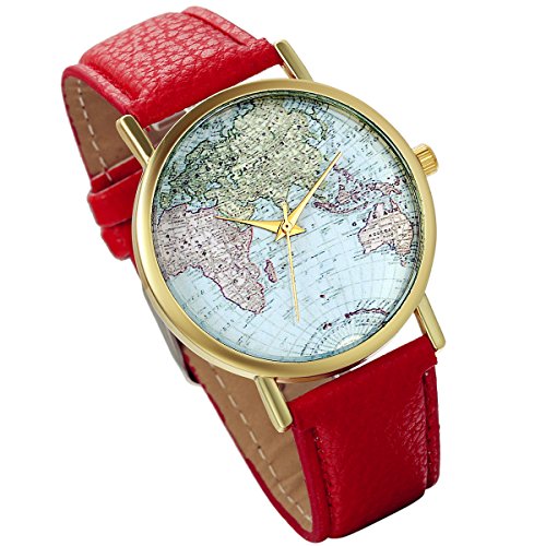 lancardo Herren Weltkarte Zifferblatt Gold Ton Luenette Armbanduhr mit Litschi Leder Band rot
