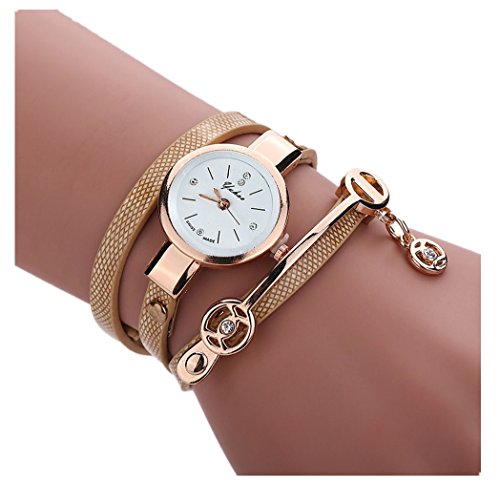 Vovotrade Damen Multi Armband FormelFrauen Metallbuegel Leather Uhr Gold