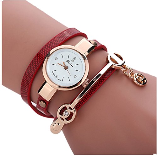Vovotrade Damen Multi Armband FormelFrauen Metallbuegel Leather Uhr Rot