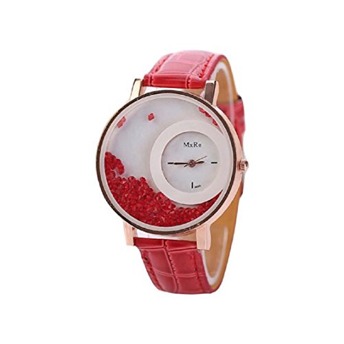 Vovotrade Damen Ledertreibsand Rhinestone Quarz Armband Armbanduhr Uhr Rot