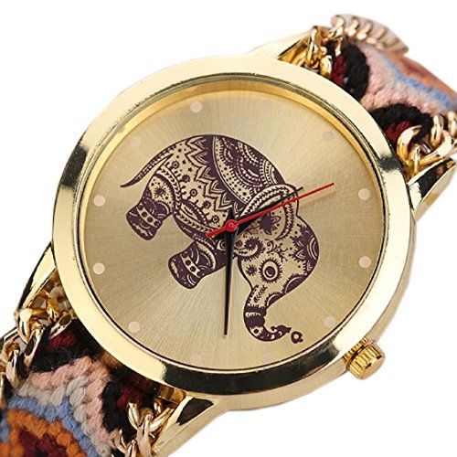 Vovotrade Frauen Elefant Muster gesponnenes Seil Band Armband Quarz Vorwahlknopf Armbanduhr Orange