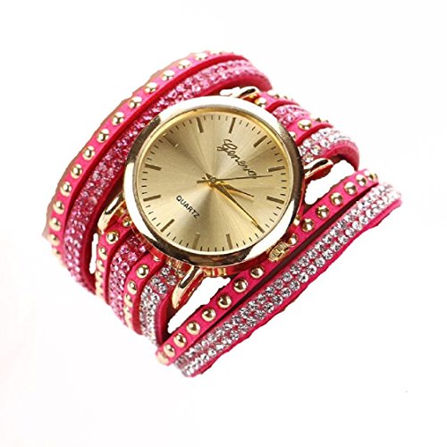 Vovotrade Frauen Kristall Armband Quarz Geflochtene Winding Verpackungs Armbanduhr Hot Pink