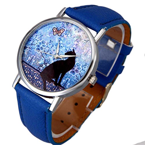 Vovotrade Katzen Muster Leder Band analoge Quarz Mode Armbanduhr Blau
