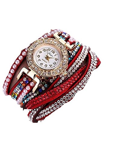 Vovotrade Damen Perlen Skala Armband Kristalldiamant Taktgeber Frauen Kleid Uhr Red