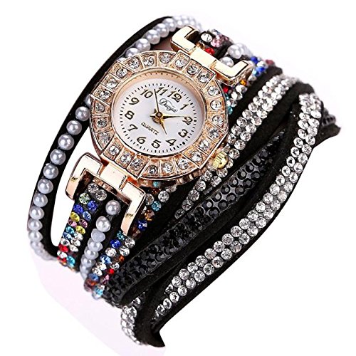 Vovotrade Damen Perlen Skala Armband Kristalldiamant Taktgeber Frauen Kleid Uhr schwarz