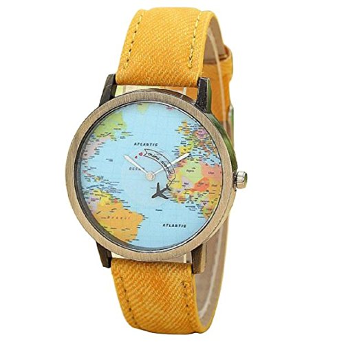 Vovotradeneue globale Reise mit dem Flugzeug Karte Frauen kleiden Uhr Denim Stoff Band Gelb