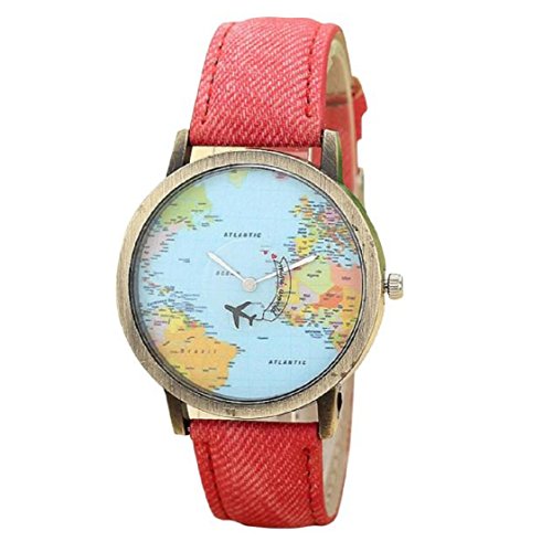 Vovotradeneue globale Reise mit dem Flugzeug Karte Frauen kleiden Uhr Denim Stoff Band Rot