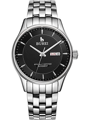 Burei Elegant Design Tag und Datum Display Automatische Edelstahl Armband Wasserdicht Armbanduhr