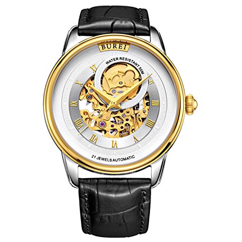 BUREI Automatische Uhr fuer den Mann Gold Tone Skeleton Metal Dial mit Spahir kristall glass und schwarzem Lederarm band