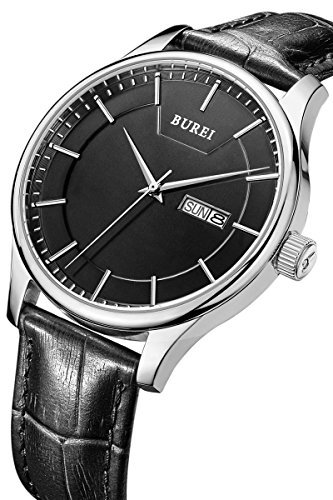 Burei Herren bm 13001 p01ey Tag und Datum Schwarz Kalbsleder Leder Armbanduhr mit schwarzem Zifferblatt