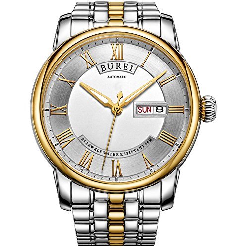 Burei Herren s Tag und Datum Automatik Uhr mit weissem Zifferblatt roemischen Ziffern Metall Armband