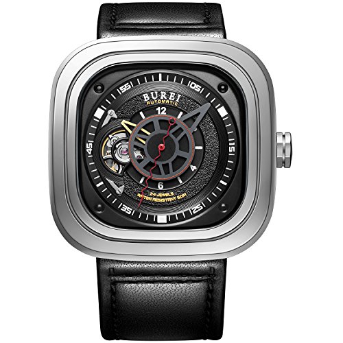 Burei Automatische Schwarze Maenneruhr mit Saphire Glas sichtbares Uhrenwerk und silbernen Rahmen und schwarzen Armband