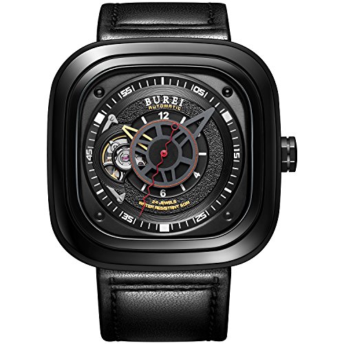 Burei Automatische Schwarze Maenneruhr mit Saphire Glas sichtbares Uhrenwerk und schwarzem Rahmen und schwarzen Armband