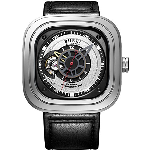 Burei Automatische Maenneruhr mit Saphire Glas sichtbares Uhrenwerk und schwarzen Armband