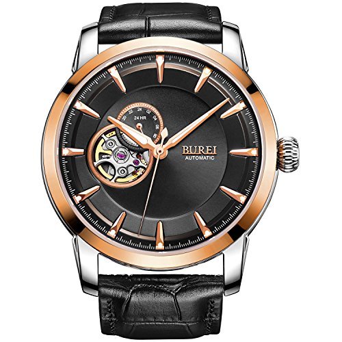 Burei Herren Skelett Automatisches Handgelenk Uhren mit schwarzem Zifferblatt Lederband