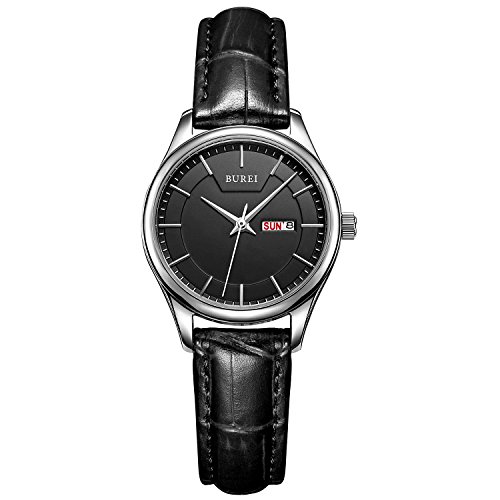 Burei Damen Handgelenk Uhren mit Tag Datum Display schwarz Lederband