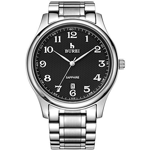 Burei Herren Datejust setzt Quarz Kleid Uhr mit arabischen Zahlen schwarz Analog Zifferblatt Edelstahl Armband