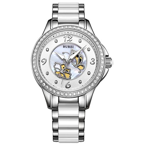 Burei Perle Damen Quarz Uhren mit Diamant Kristall Saphir und Weiss Keramik Armband