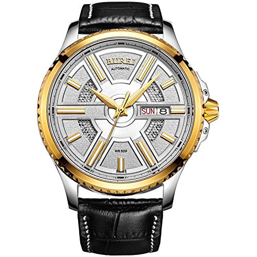 Burei Herren Edelstahl Automatik Uhr mit Gold Luenette und Schwarz Leder
