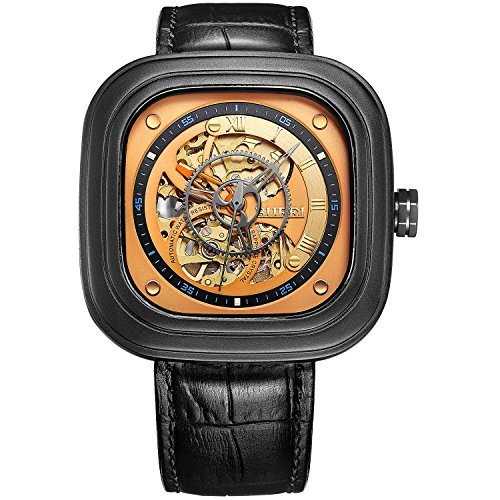 Burei Herren Edelstahl Automatik Skelett Uhr mit Gold Zifferblatt schwarz Lederband