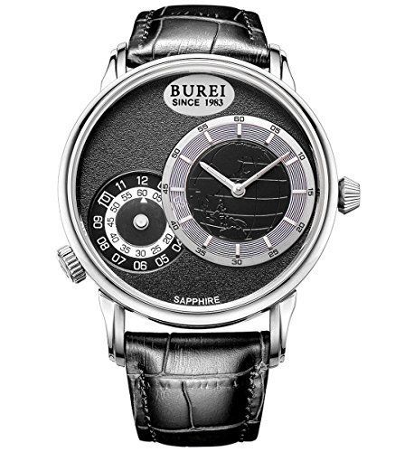Burei Herren s Time Zone Edelstahl schwarz Lederband Armbanduhr mit schwarzem Zifferblatt