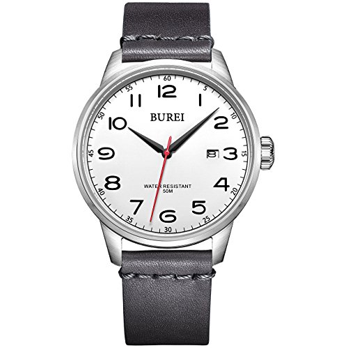 Burei Herren Datum Kalender Quarz einfachen Stil Uhr Armbanduhr mit grau Hand naehen Lederband