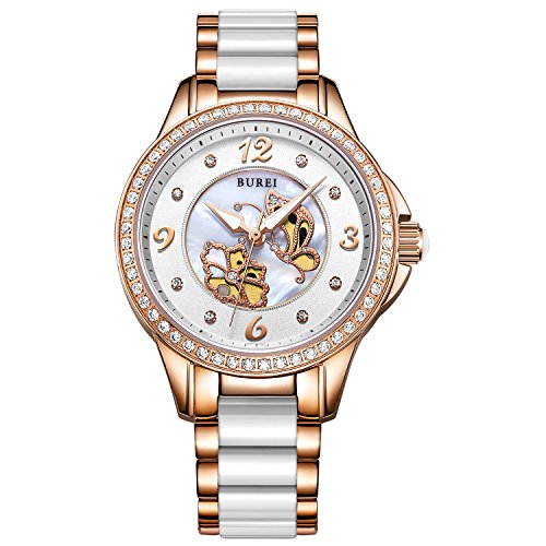 Burei Perle Damen Quarz Uhren mit Kristall Saphir Zwei Ton Diamant und Weiss Keramik Armband